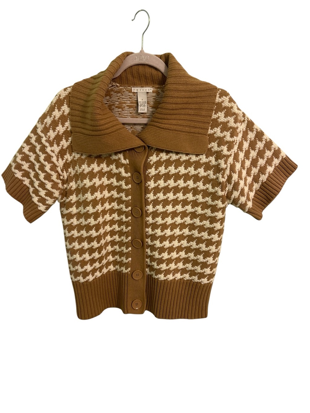 100% Cotton Houndstooth Short Sleeve Button Cardigan in Camel & Cream